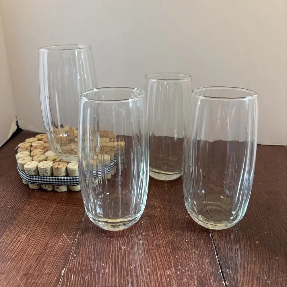 Vintage MCM 20oz Libbey Crisa Clear Glass Ribbed Tumbler Glasses Set Of 4‎